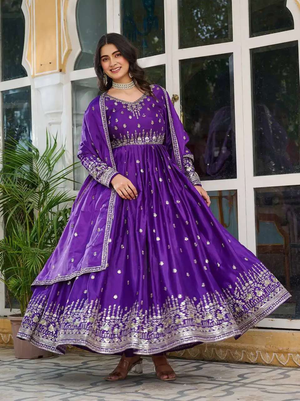 Women's American Silk Sequence Embroidery Long Anarkali Kurti (Gown) With Dupatta - Image 7