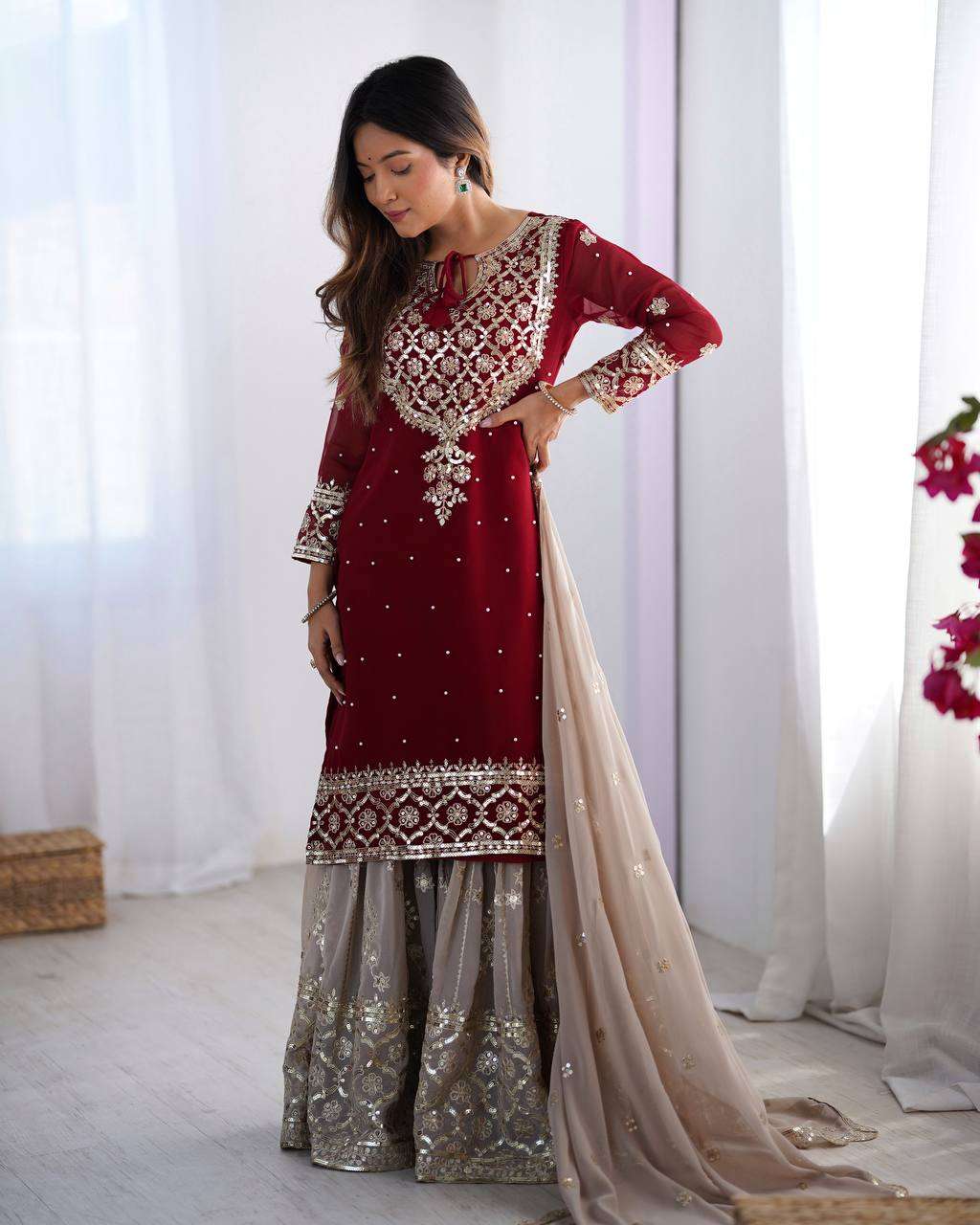 Women's Faux Georgette Sequins Embroidered Straight Kurta With Sharara Suit and Dupatta Set - Image 4