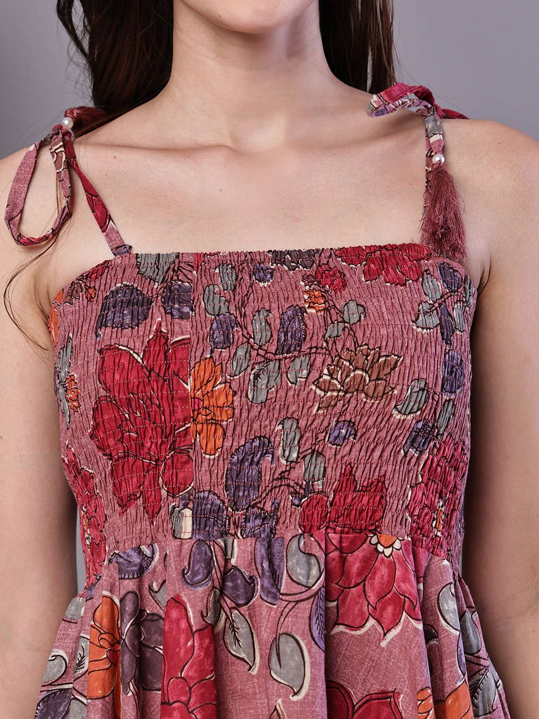 Women's Maroon Floral Printed Cotton Handkerchief Hem Midi Dress - Image 5