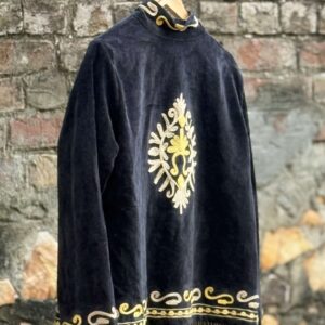 Womens Black Velvet Embroidered Jacket with Floral Design