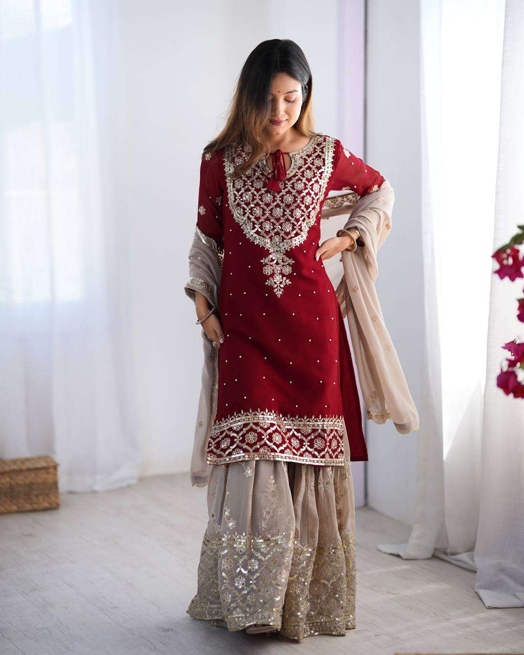 Women's Faux Georgette Sequins Embroidered Straight Kurta With Sharara Suit and Dupatta Set - Image 6